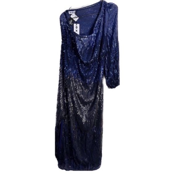 RIXO London Bradshaw Sequin beaded Dress One Sleeve Ombre Blue Metallic 8 NWT - Picture 7 of 11